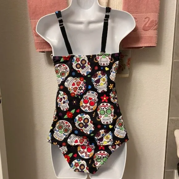 SUGAR SKULL Black Skulls & Flowers DAY OF DEAD Full Coverage TANKINI Swimsuit S - Picture 8 of 11